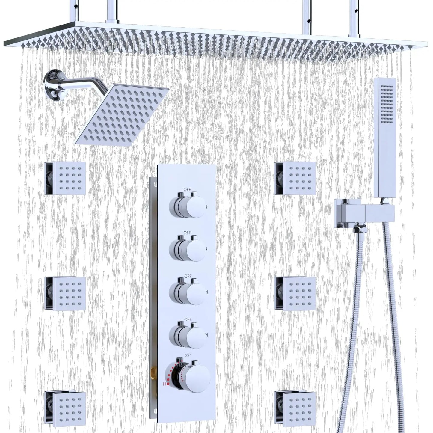 Chrome Brass Modern Style Apartment Bathroom Shower System 6-Piece Handheld Body Jets Dual Shower Heads Soft Rain Spray Massage