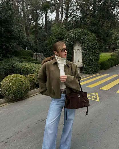 2026 Spring New Style French Retro Zippered Collar Loose-Fitting Leather Velvet Loose-Fitting Short Coat Women Jacket for Women