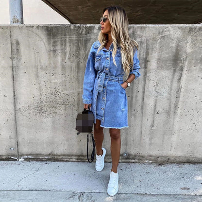 2024 Amazon Independent Station Aliexpress European and American Spring Denim Lapel Long Sleeve Single Breasted Slim Dress