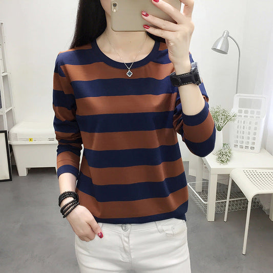 Autumn chubby girl Plus Size Large Size Loose Cotton Long-sleeved T-shirt Women's Middle-aged Mother Base Shirt Striped Top