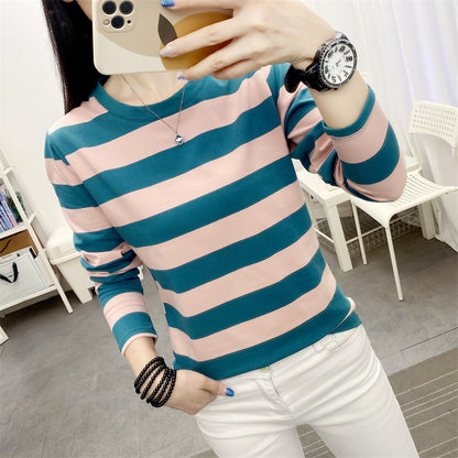 Autumn chubby girl Plus Size Large Size Loose Cotton Long-sleeved T-shirt Women's Middle-aged Mother Base Shirt Striped Top