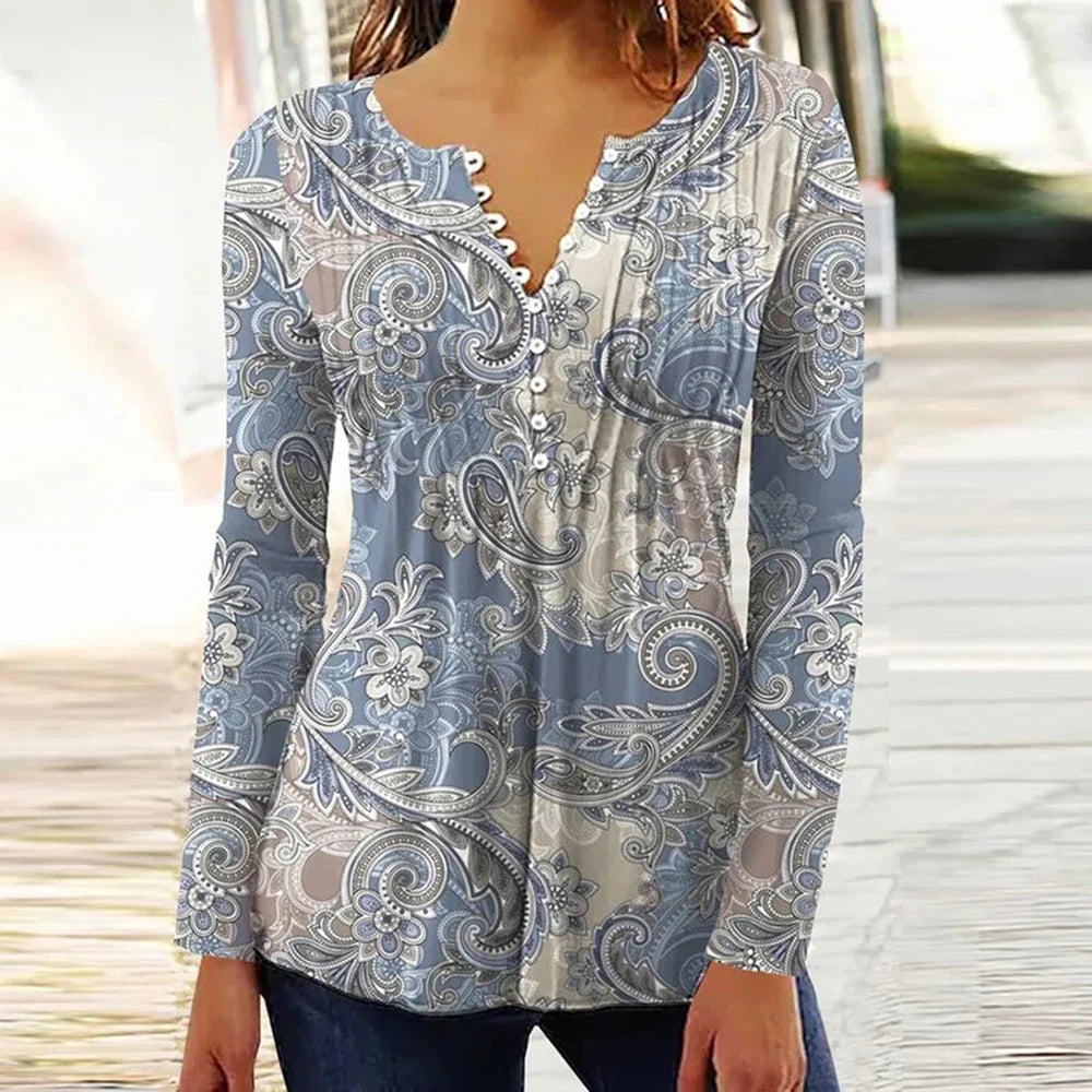 2024 Trendy 3D Printed Shirts for Women Spring Summer 3/4 Sleeve V Neck Buttons Blouse Shirt Elegant Ladies Long Sleeve Tops