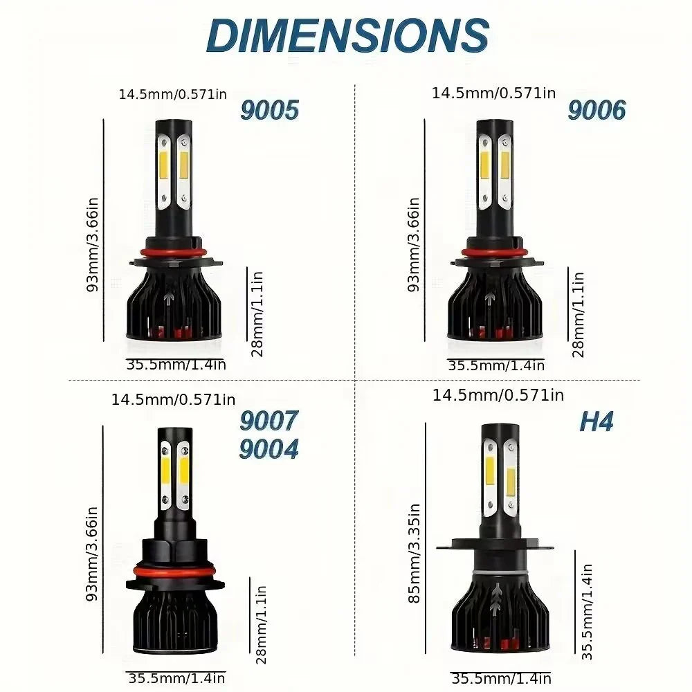 2pcs New 4 Sides 9005/HB3 9006/HB4 H4 H7 H11 H13 9004 9007 Car LED Bulbs 6000K White 8000K Ice Blue 26000LM 360 Beam Angle