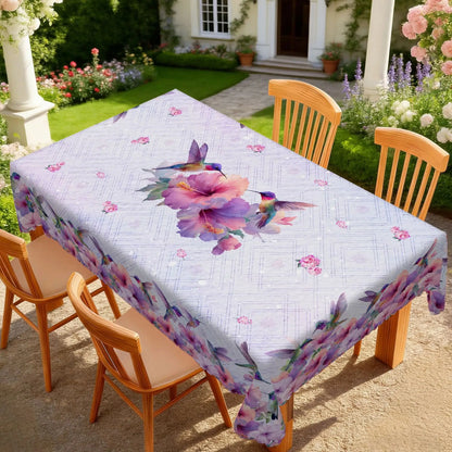1 Piece of Spring and Summer Floral and Bird-Themed Printed Round and Rectangular Tablecloth, Available in Various Sizes, Featuring Vibrant Hummingbirds and Blooming Hibiscus Intertwined with Fresh Small Flowers and Light Pur