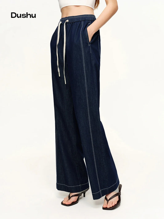 DUSHU 2026 Spring Women's Contrast Topstitching Straight Leg Jeans, Elastic Drawstring Waist Casual Pants for Y2K Street Style