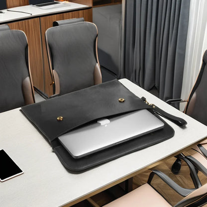Custom Slim Genuine Leather Laptop Sleeve Button Closure Laptop Cover Notebook Holder Office Travel Document File Bag