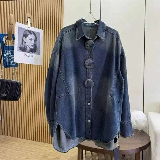 Autumn/Spring Button-down Long Sleeve Loose Fit Medium Jeans Top Casual Oversize Street Chic Washed Denim Shirt