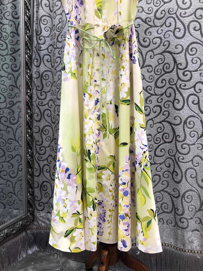 100%Cotton Long Dress 2026 Spring Summer Women Turn-down Collar Sweet Floral Print Belt Deco Short Sleeve Long Maxi Dress Luxury