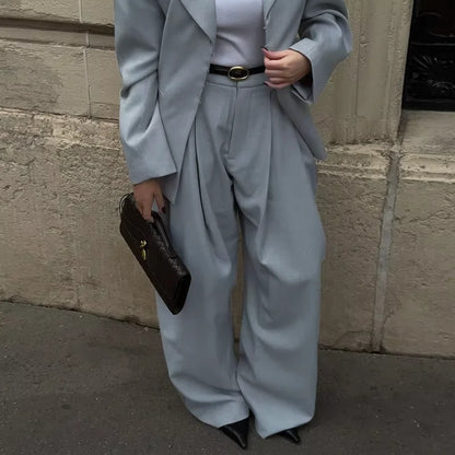 Casual V-neck Blazer Pants Set Women Single Breasted Pocket Jacket Wide Leg Trousers Lady Suit 2026 Elegant 2 Pieces Sets Female