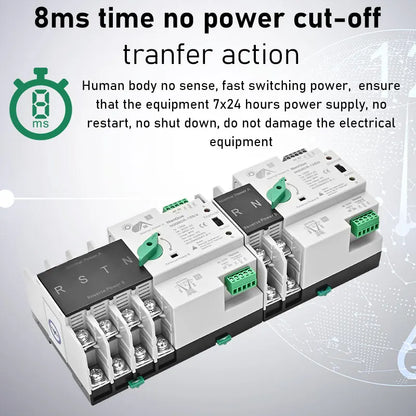 ATS Switch Dual Power Automatic Transfer 2P 125A 63A 100A AC DC Solar Inverter Circuit 3P 4P Three Phase 230V 400V No Diconnect