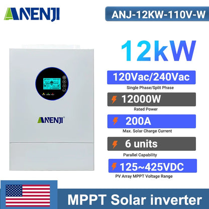 12KW Split Phase Inverter 48V 120V 230V Hybrid Solar Inverter Dual MPPT Paralleled Threephase With WiFi MPPT 200A Solar Charger