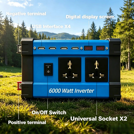 6000W High Power Solar Inverter DC12V To 110V 220V AC LCD Display 4 USB Ports Car RV Camping Power Converter
