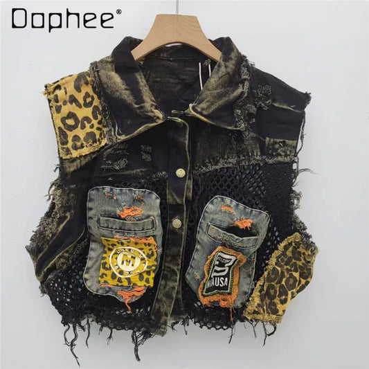 Design Sense Trendy Cool Personality Contrasting Color Stitching Old Denim Vest 2025 Spring Summer New Fashion Vest for Women