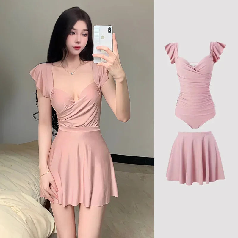 Areathable Women's One-piece Solid Color French Swimsuit Conservative Slimming Steel Support Bra Dress Style Swimsuit Hot Spring