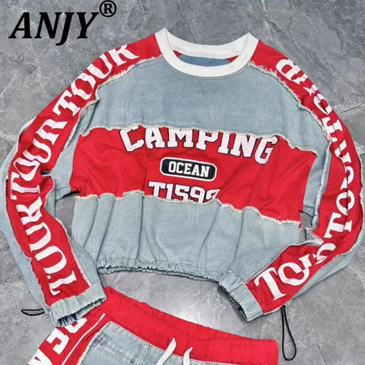 ANJY Autumn Women European Trendy Street Denim T-Shirt Personalized Letter Print Drawstring O-Neck Long Sleeve Sweatshirt A10809