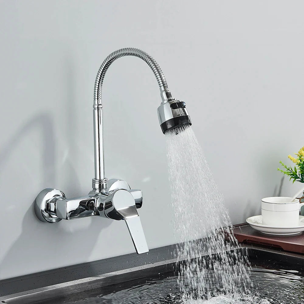 Chrome Wall Mounted Dual Hole Kitchen Faucet Lead Free Hot Cold Water Mixer Tap Stream Spray Bubbler 360 Rotation Flexible Pipe