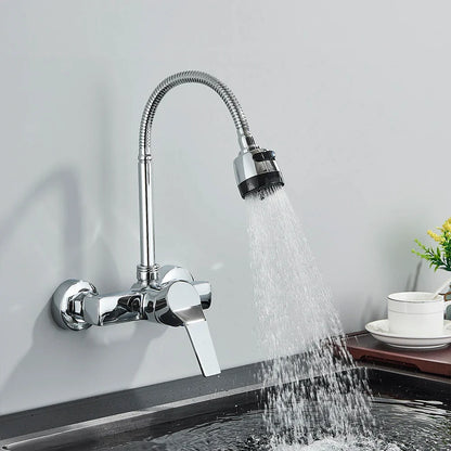 Chrome Wall Mounted Dual Hole Kitchen Faucet Lead Free Hot Cold Water Mixer Tap Stream Spray Bubbler 360 Rotation Flexible Pipe