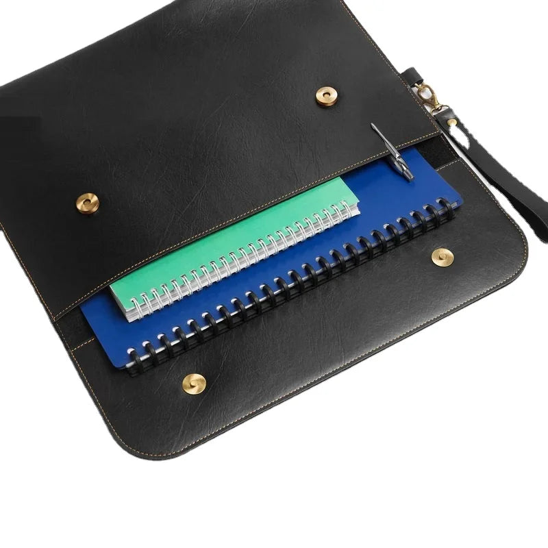 Custom Slim Genuine Leather Laptop Sleeve Button Closure Laptop Cover Notebook Holder Office Travel Document File Bag