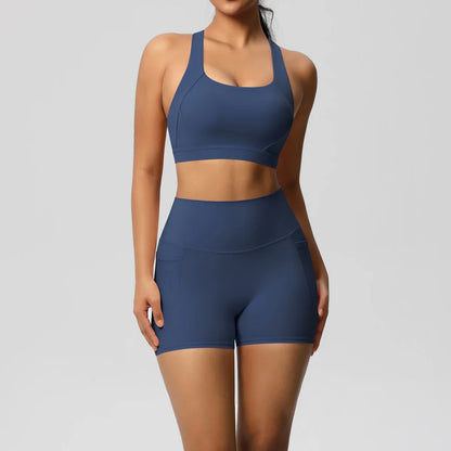2PCS Sportswear With Pocketed Yoga Set Gym Clothes Yoga Suits For Women Tracksuits Sports Shorts Crossover Bra Gym Leggings