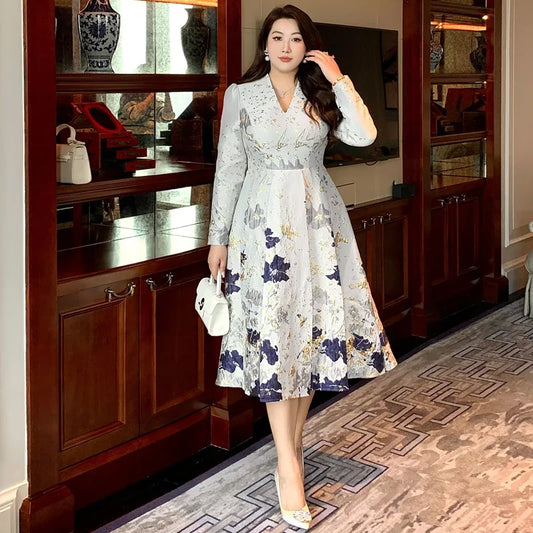 Big Size Spring Summer Jacquard Dress Occasion V-Neck Brocade Dress Women Long Sleeve Party Evening Clothing Mid-Calf Ball Gown