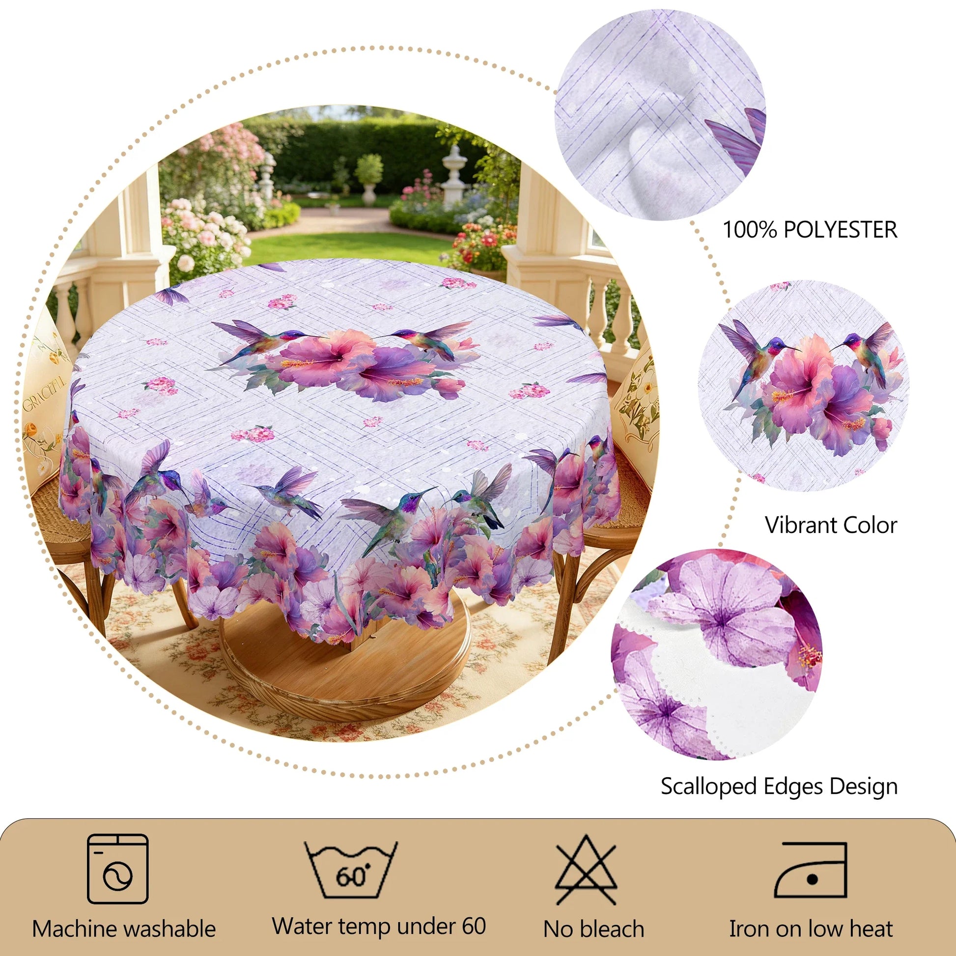 1 Piece of Spring and Summer Floral and Bird-Themed Printed Round and Rectangular Tablecloth, Available in Various Sizes, Featuring Vibrant Hummingbirds and Blooming Hibiscus Intertwined with Fresh Small Flowers and Light Pur