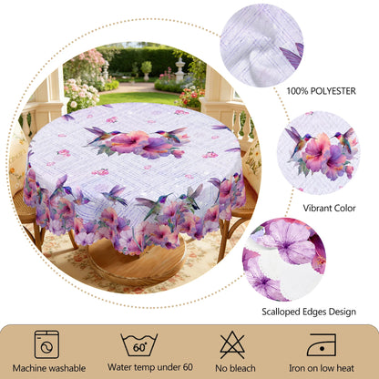 1 Piece of Spring and Summer Floral and Bird-Themed Printed Round and Rectangular Tablecloth, Available in Various Sizes, Featuring Vibrant Hummingbirds and Blooming Hibiscus Intertwined with Fresh Small Flowers and Light Pur