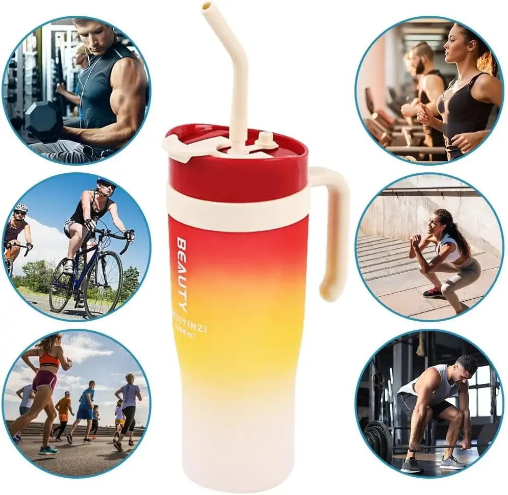 1200ml Large Capacity Gradient Frosted Sports Water Bottle Tumbler for Car Gym Outdoor Travel Reusable BPA Free Cup with Straw