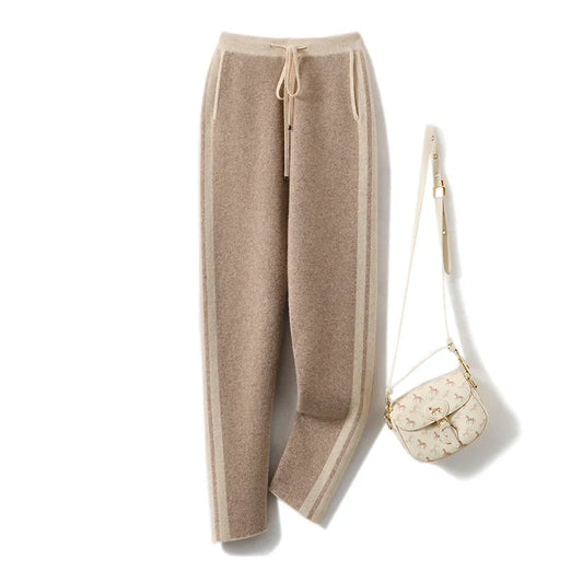Autumn Winter Woman's Pants Fashion Pencil Pants 100% Merino Wool Knit Long Trouser Elastic Mid-Waist Patchwrok Full Length Pant