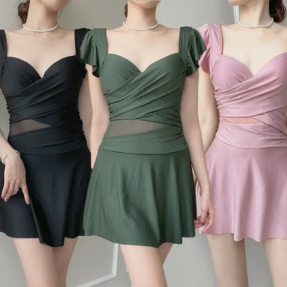 Areathable Women's One-piece Solid Color French Swimsuit Conservative Slimming Steel Support Bra Dress Style Swimsuit Hot Spring