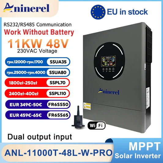 Aninerel 11KW 6.2 KW48V Hybrid Solar Inverter Dual Output Dual input Solar controller Color LCD Display MPPT 160A 120A PV 500VDC