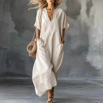 Bohemian Retro Solid Kaftan Dress Women V-Neck Lace Trim Loose Maxi Party Dress Summer Short Sleeve Casual Beach Holiday Dresses