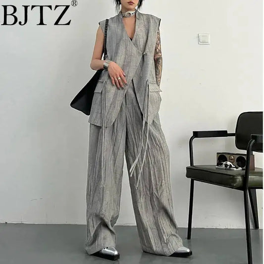 BJTZ Loose Tie-dye Designer Women's Set 2025 Spring Summer New Two Piece Sleeveless Versatile Top Vest Loose Wide Pants Female