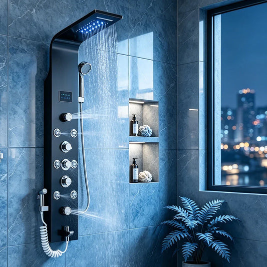 Black Nickel LED Shower Panel Six Functions Shower Column Rain Waterfall Shower Massage Spa Jets Tub Shower With Bidet Bath Taps
