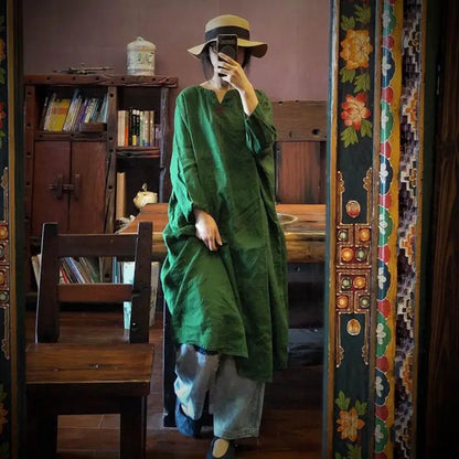 2024 Spring Autumn New Arts Style Women Long Sleeve V-neck  A-line Dresses Vintage Embroidery Cotton Linen Loose Long Dresses