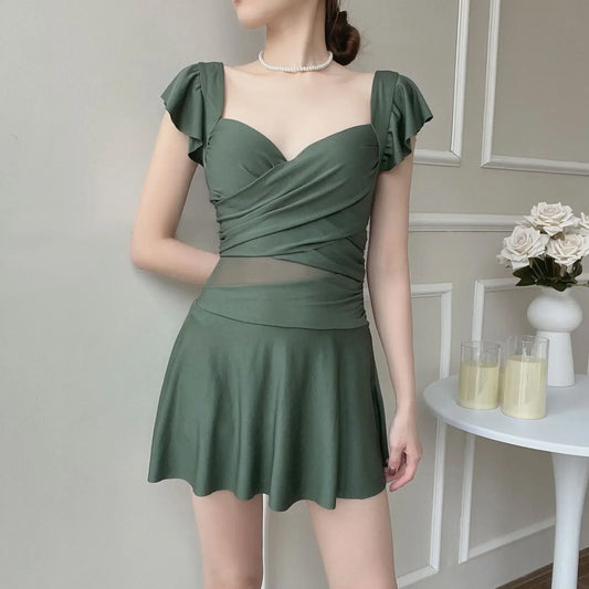 Areathable Women's One-piece Solid Color French Swimsuit Conservative Slimming Steel Support Bra Dress Style Swimsuit Hot Spring