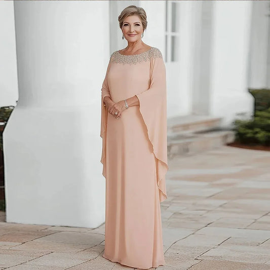 Customized Long Mother of Bride Dresses Floor Length Cap Sleeves Wedding Guest Dress Beaded Groom Mother Dress for Wedding