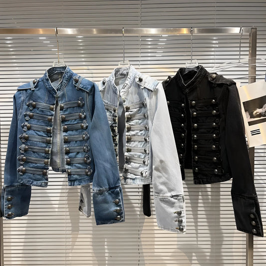 Classical Metal Bule Design oulder Strap Waed Denim ort Jaet Spring 2026 Women's Faion Straight Cut Long Sve