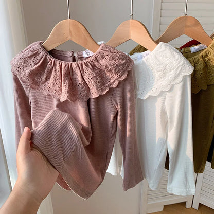 1-7 Years Long Sleeved Shirts Children Spring Knitted Tops Baby Lace 2025 Lace Base Shirt Korean Girls Ruffle Collar T-shirt