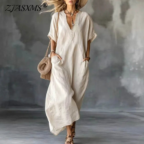 Bohemian Retro Solid Kaftan Dress Women V-Neck Lace Trim Loose Maxi Party Dress Summer Short Sleeve Casual Beach Holiday Dresses