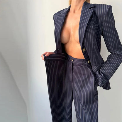 Backless Tie Waist Pinstripe Blazer Set Women 2 Pieces Lapel Button Down Blazer With High Waist Wide Leg Pants Office Suit