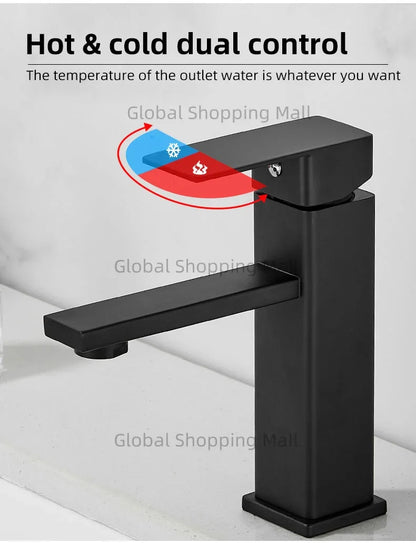Bathroom Faucet Single Hole Single Handel Hot and Cold Water Mixer Tap Deck Mounted in Black and Chrome Square Basin TapBathroom