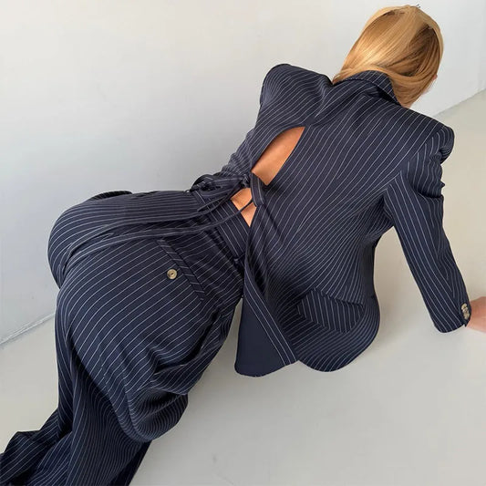 Backless Tie Waist Pinstripe Blazer Set Women 2 Pieces Lapel Button Down Blazer With High Waist Wide Leg Pants Office Suit