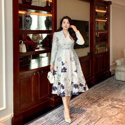 Big Size Spring Summer Jacquard Dress Occasion V-Neck Brocade Dress Women Long Sleeve Party Evening Clothing Mid-Calf Ball Gown