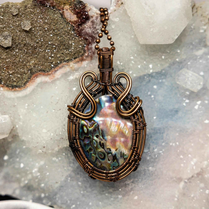 Abalone Shell Crystal Wire Wrapped Pendant in Copper