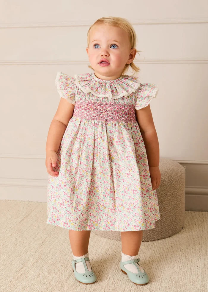 Adelaide Floral Hand Smocked Ruffle Collar Cap Sleeve Dress in Pink (12mths-6yrs) DRESSES from Pepa London