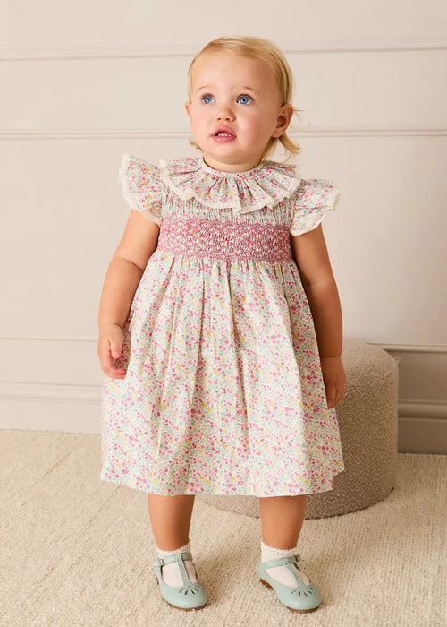 Adelaide Floral Hand Smocked Ruffle Collar Cap Sleeve Dress in Pink (12mths-6yrs) DRESSES from Pepa London