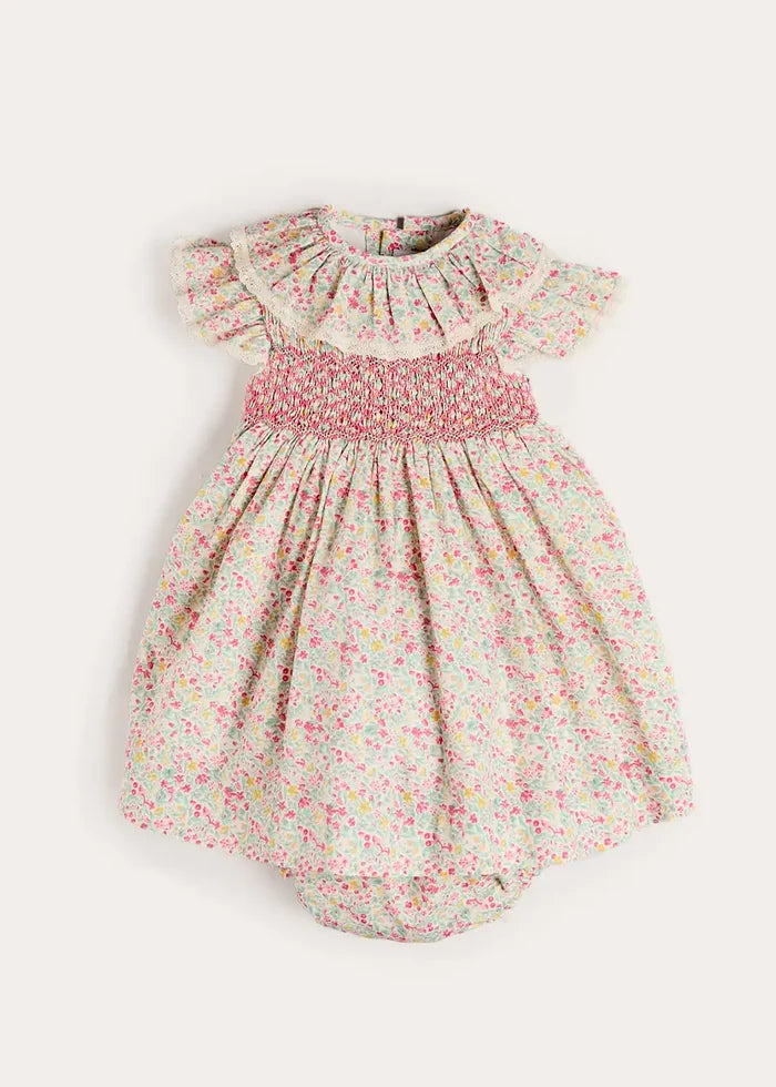 Adelaide Floral Hand Smocked Ruffle Collar Cap Sleeve Dress in Pink (12mths-6yrs) DRESSES from Pepa London