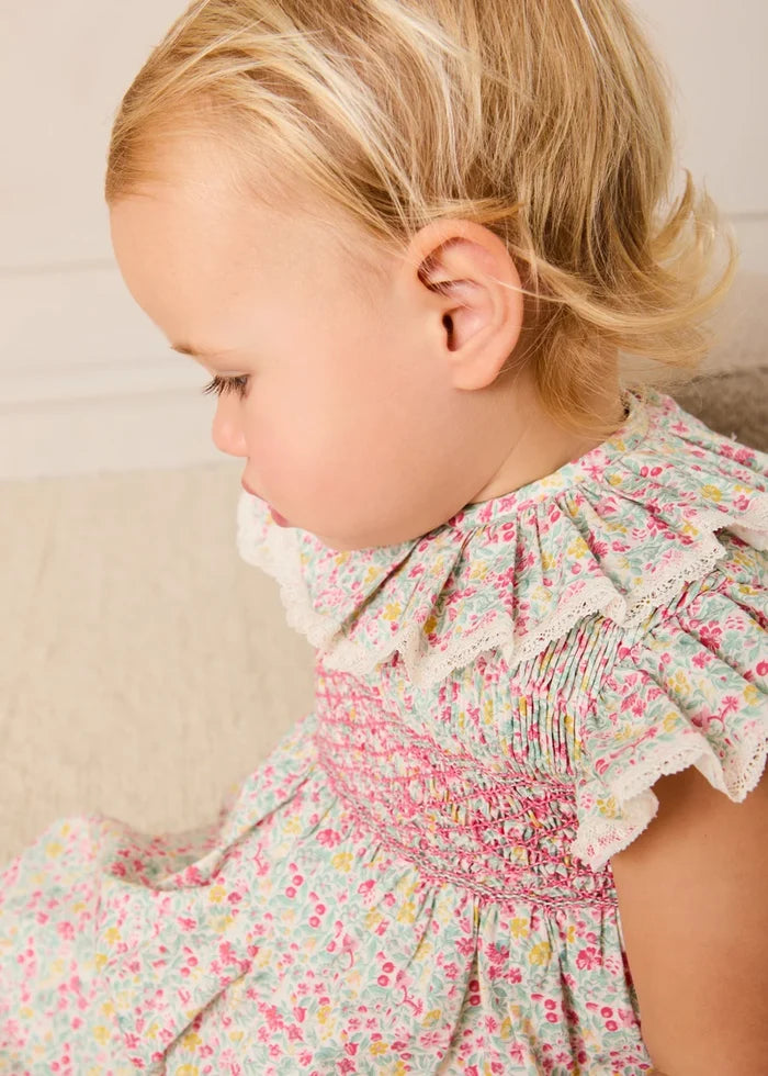 Adelaide Floral Hand Smocked Ruffle Collar Cap Sleeve Dress in Pink (12mths-6yrs) DRESSES from Pepa London