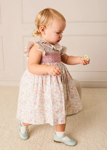Adelaide Floral Hand Smocked Ruffle Collar Cap Sleeve Dress in Pink (12mths-6yrs) DRESSES from Pepa London