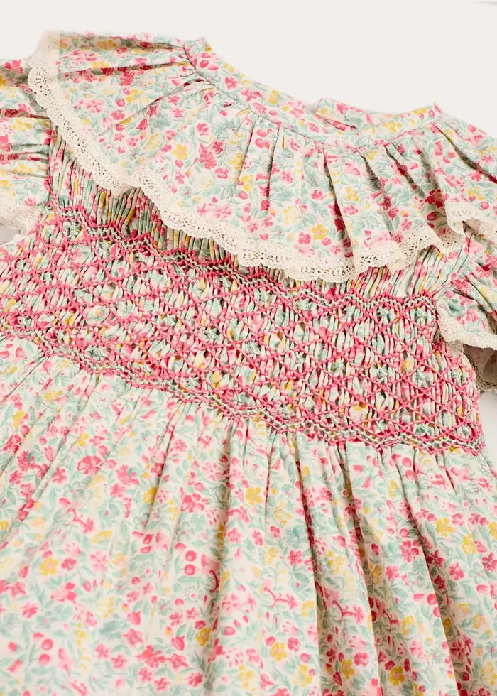 Adelaide Floral Hand Smocked Ruffle Collar Cap Sleeve Dress in Pink (12mths-6yrs) DRESSES from Pepa London